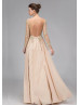 Champagne Sequin Chiffon Backless Long Sleeves Evening Dress